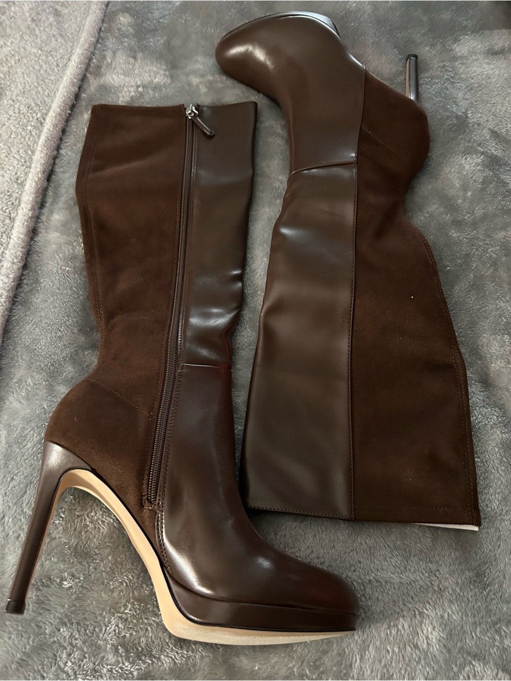 Nine West Brown Leather and Suede Knee-High Stiletto Boots